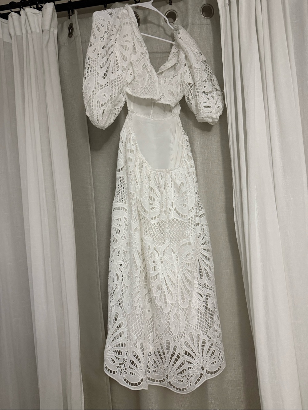 Showpo White Lace Midi Dress with Puff Sleeves
